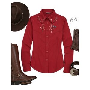 Wanted By Beads 100% Silk Vintage Red Western Shirt Studded Cowgirl Small in GUC
